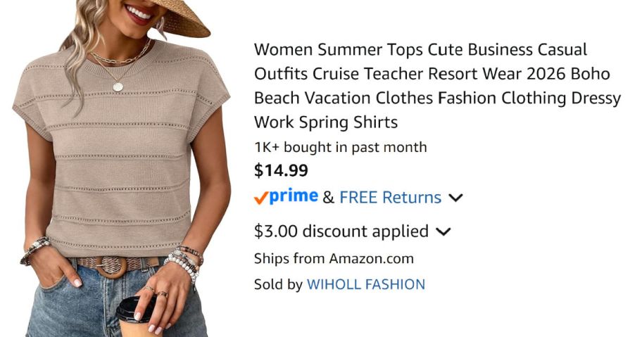 woman wearing tan sweater next to Amazon pricing information