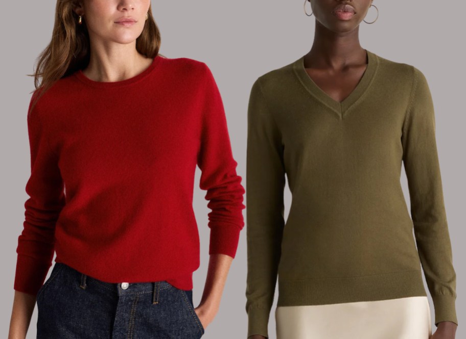 a woman in a crew neck sweater and a women in a vneck sweater