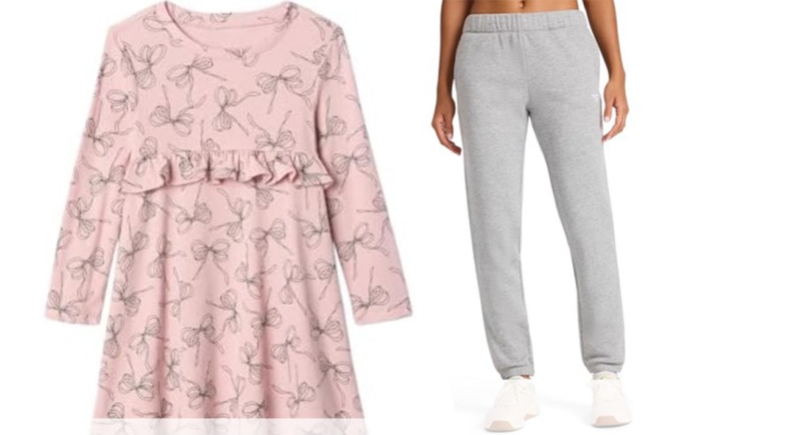 pink girls dress and womens gray pants