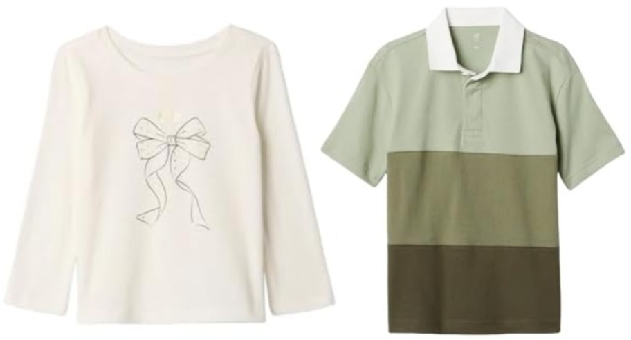 white long sleeve tee with bow and green striped polo shirt