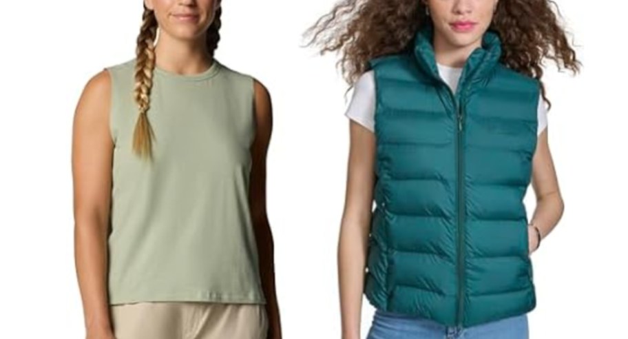 women wearing green tank and puffer jacket