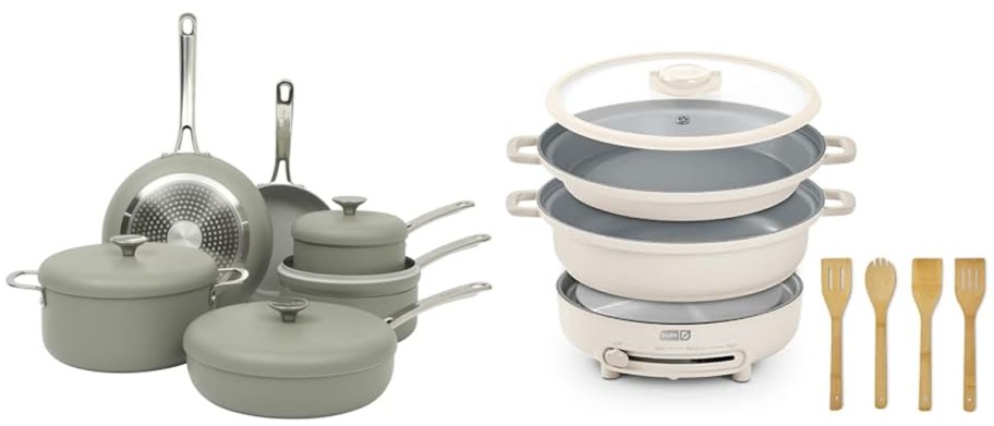 green cookware set and white pans with electric burner 