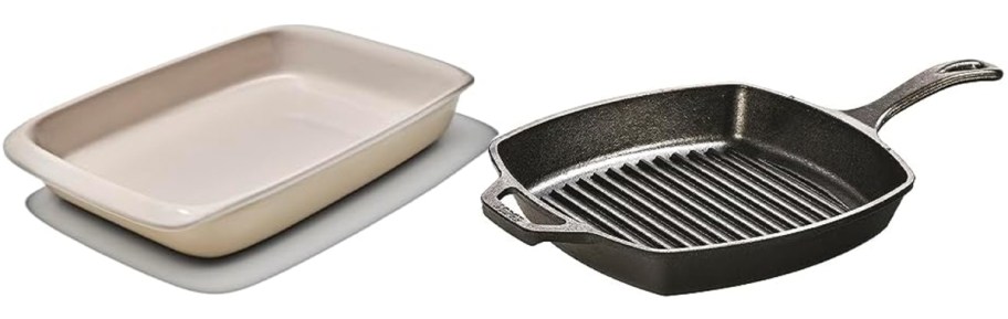 tan bakeware dish and cast iron pan 