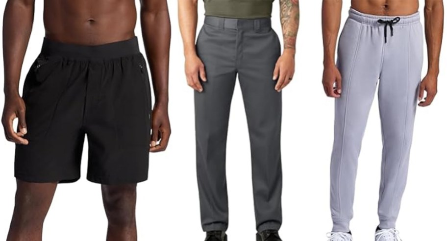 men wearing black shorts, gray pants, and gray joggers