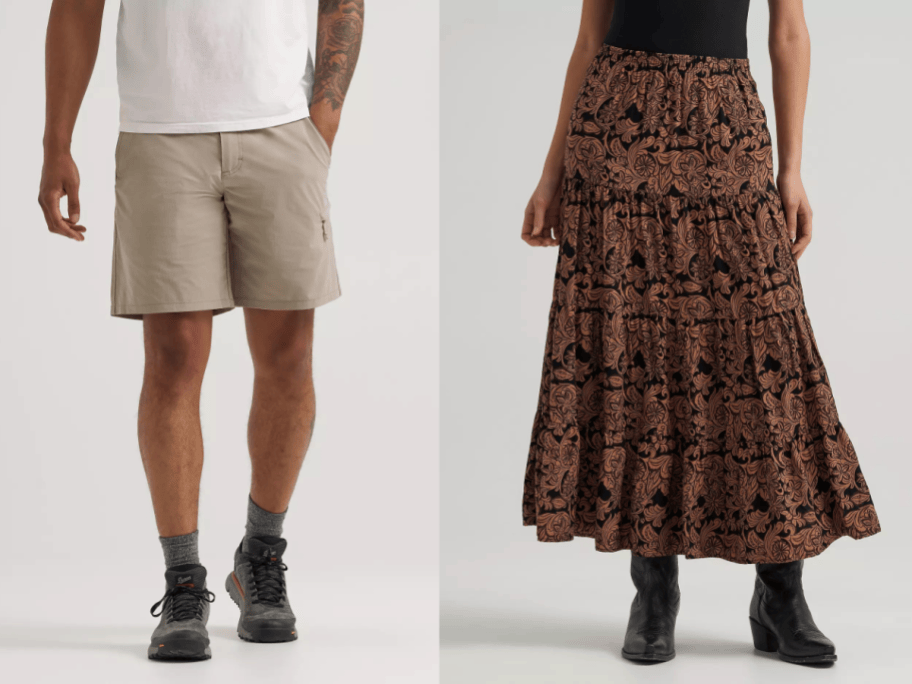 man in shorts and woman in maxi skirt