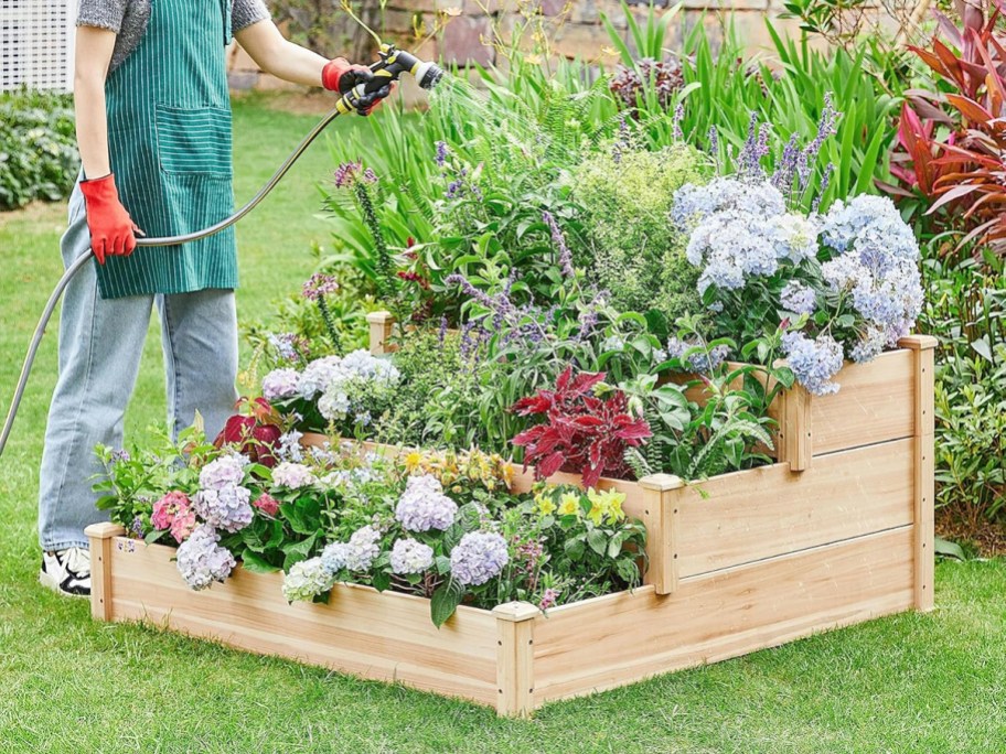 three tier wooden raised garden bed