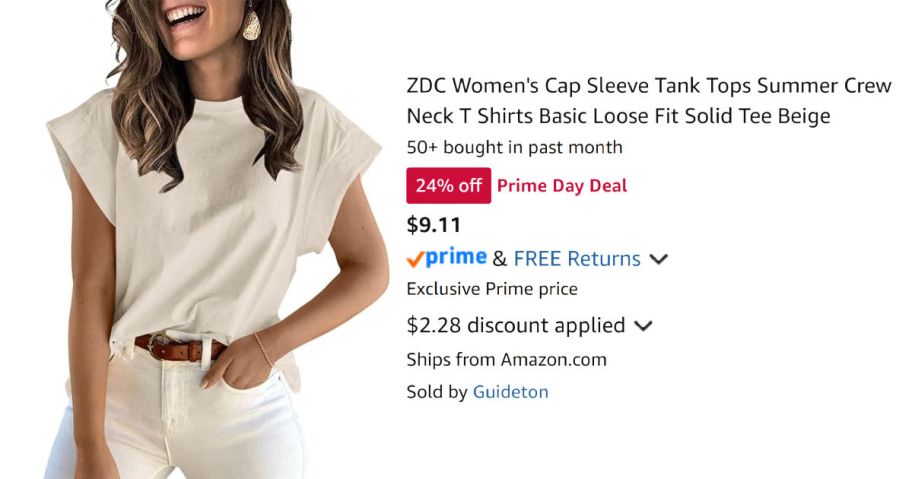 woman wearing beige shirt next to Amazon pricing information