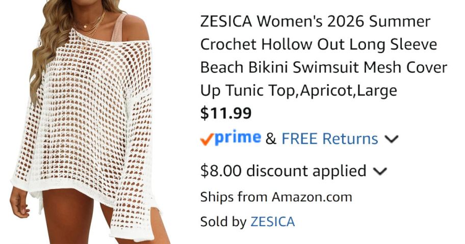 woman wearing a white swim cover-up next to Amazon pricing information