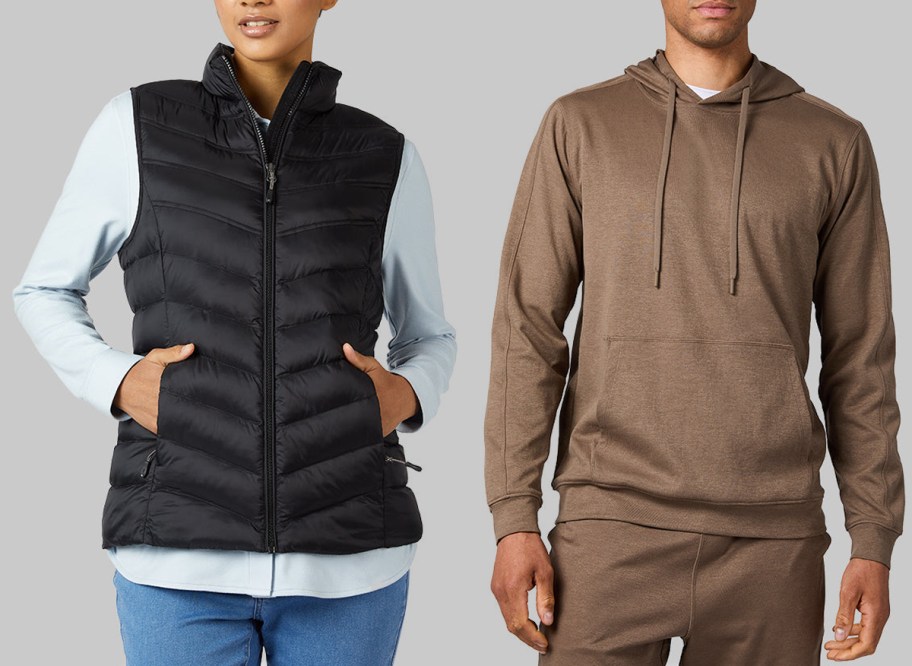 32 Degrees Women&rsquo;s Lightweight Packable Vest and Men&rsquo;s Luxe Flex Pullover Hoodie