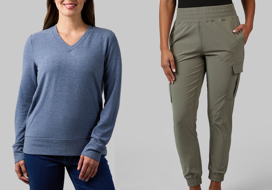 32 Degrees Women&rsquo;s Soft Sweater Knit V-Neck Top and Commuter Cargo Jogger