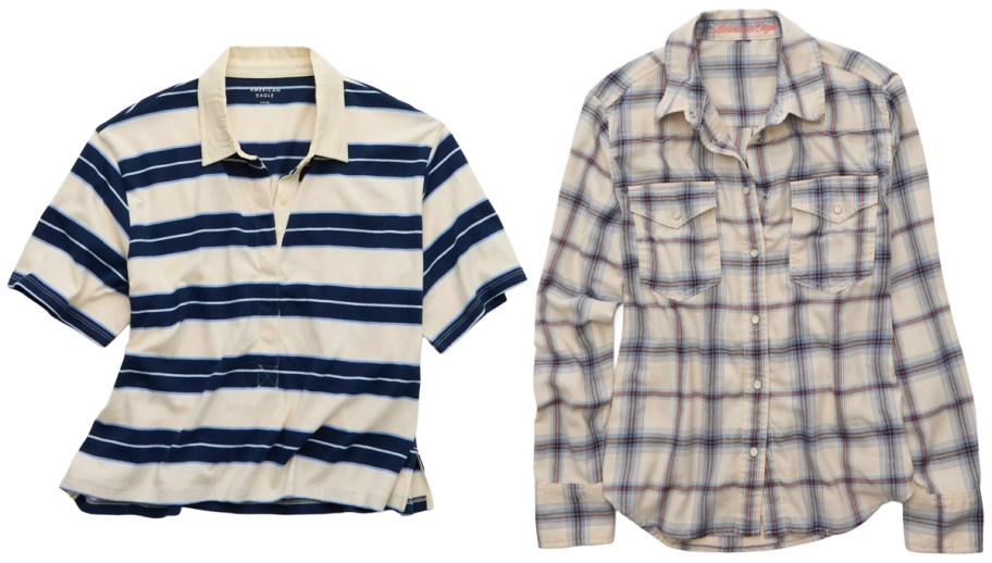 AE Striped Rugby Polo T-Shirt and Throwback Flannel Button-Up Shirt