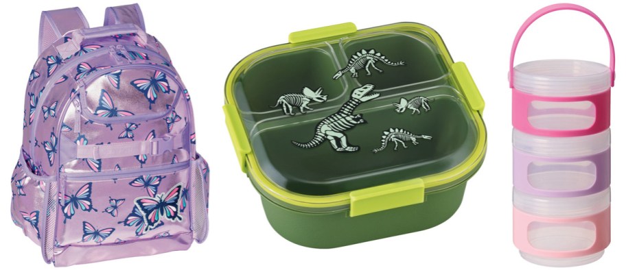 butterfly backpack, dinosaur lunch box, and stacking food storage cups
