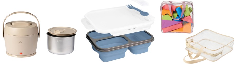 lunch warmer, bento box, and clear storage bags