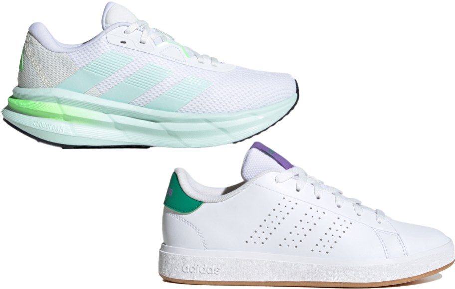 two white adidas sneakers
