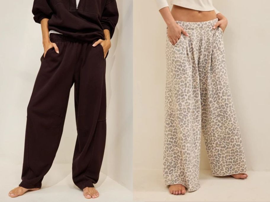 two women wearing Aerie Oh Zip! Barrel Pants and Street Trousers