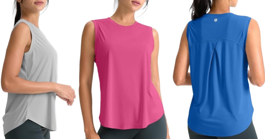 3 women wearing Athletic Tanks from Amazon
