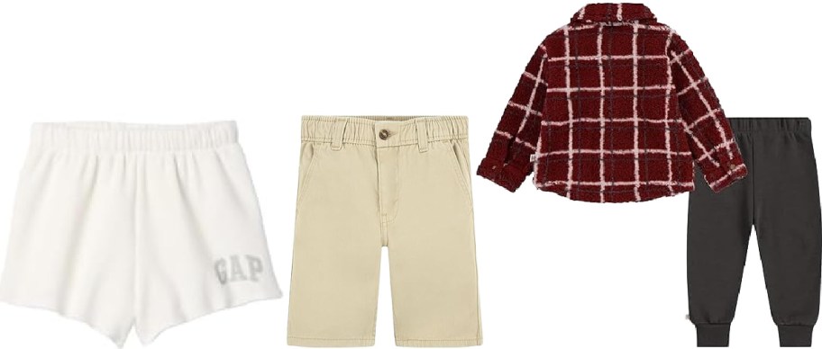 A collection of children's clothing items, featuring white Gap shorts on the left, khaki shorts in the middle, and a burgundy plaid fleece jacket paired with black pants on the right.