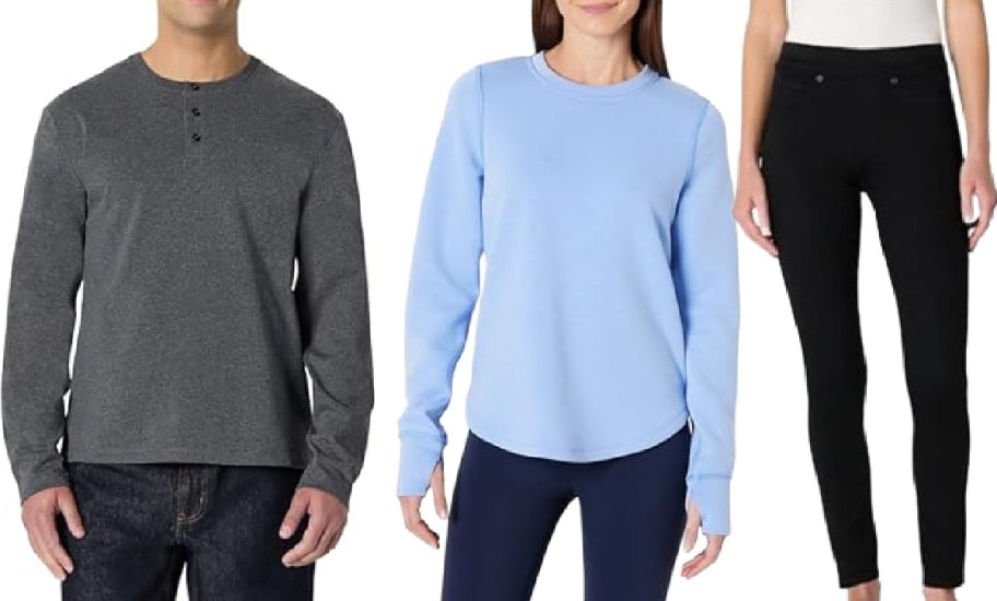 Three Amazon Essentials clothing items displayed on models, including a men's dark grey long-sleeve henley shirt with jeans, a women's light blue long-sleeve top with dark leggings, and a women's white top with black pants.