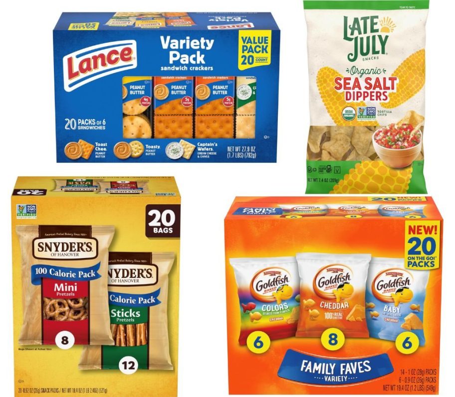 Stock images of Snyder Pretzels, Lanch Sandwich Crackers, Goldfish Crackers and Late July Chips
