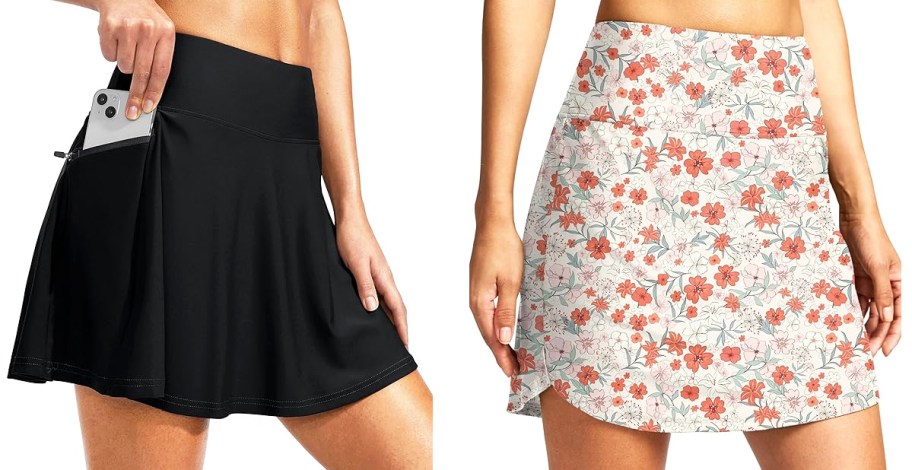 women in black and floral print swim skirts