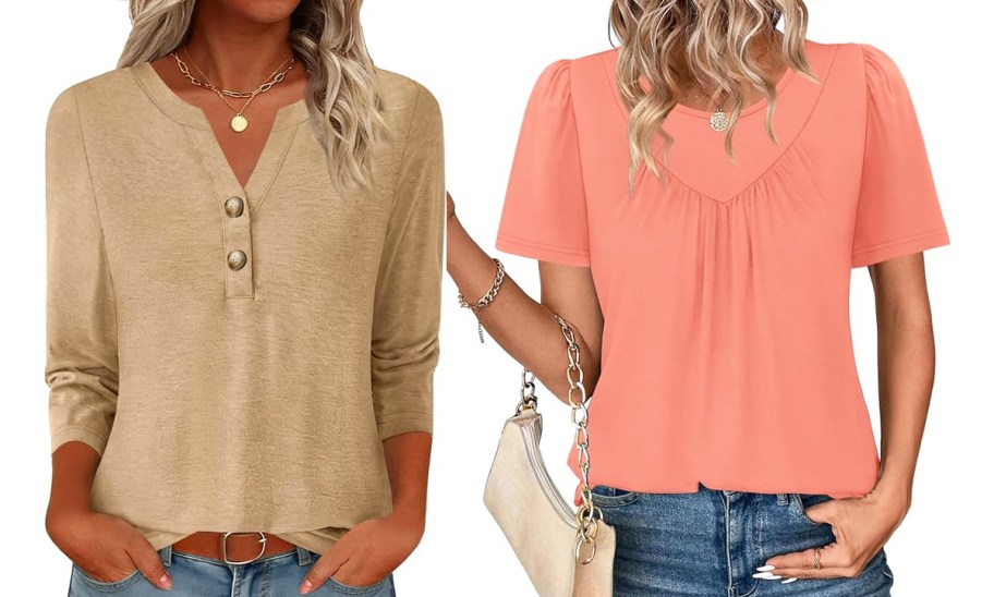 two women modeling tan and pink tops