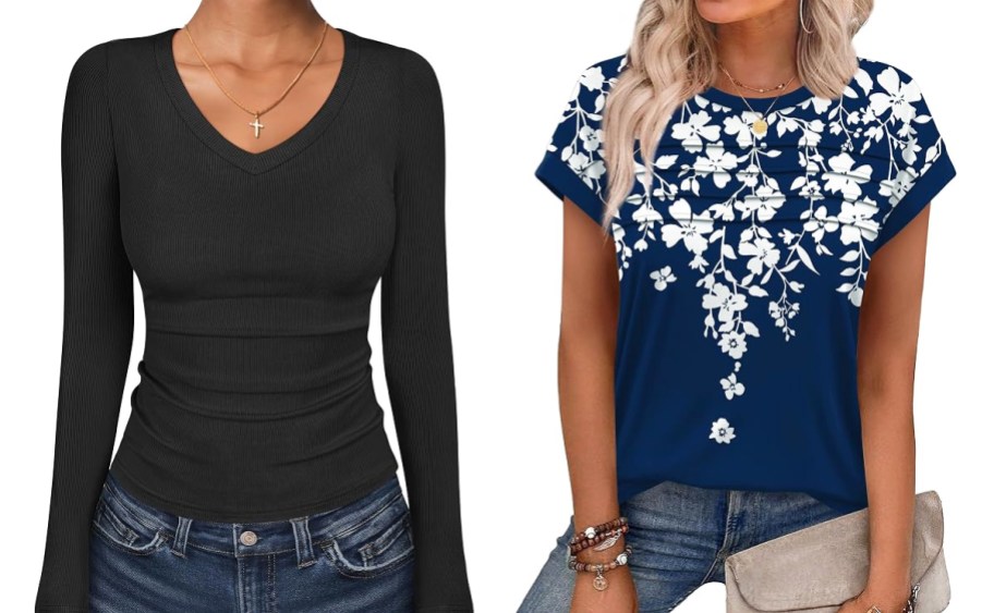 two women modeling black and blue tops
