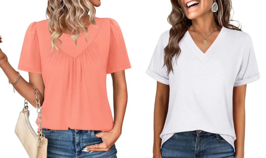 two women modeling orange and white tops
