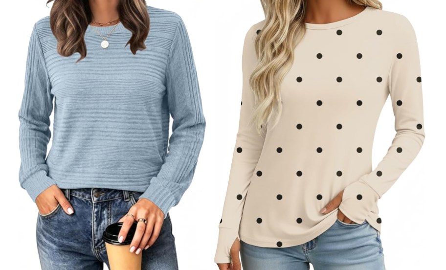 two women modeling blue and white long sleeve shirts
