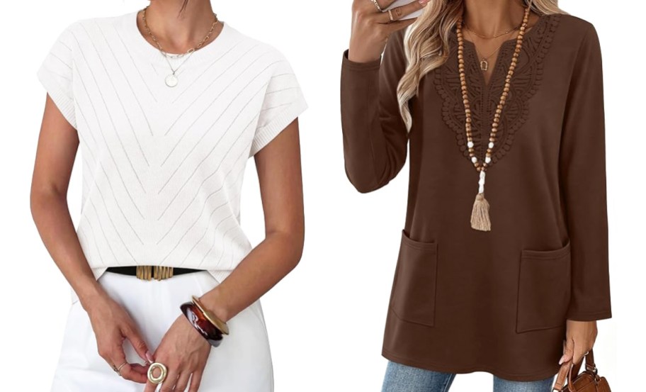 two women modeling white and brown tops