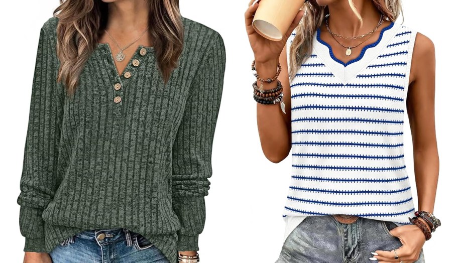 two women modeling green and white sweaters