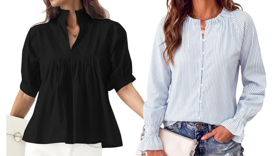 two women modeling black and white tops