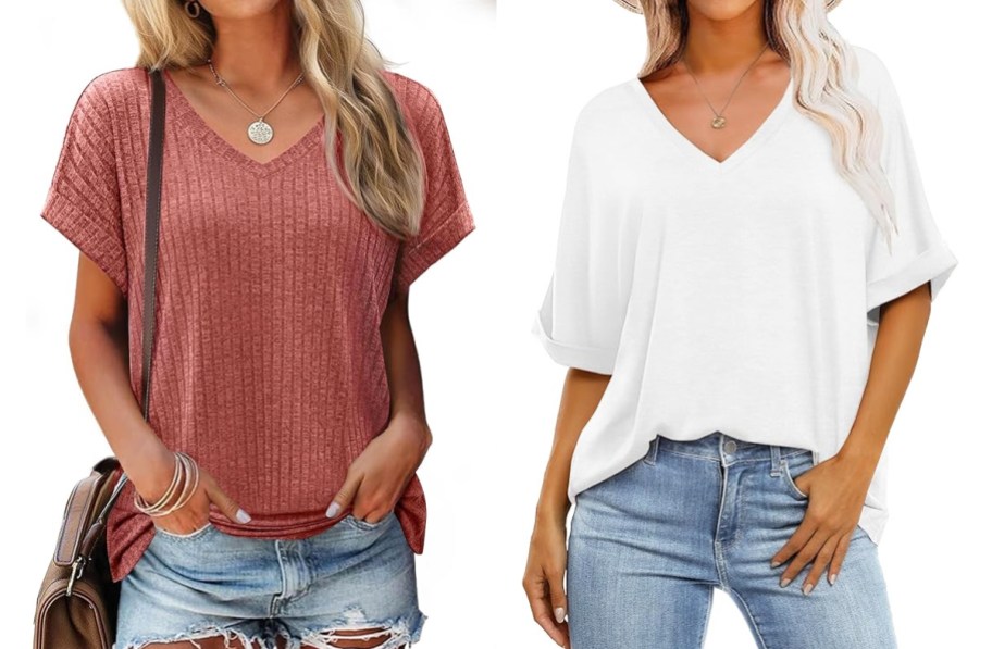 two women modeling red and white t-shirts