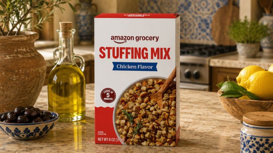 Amazon grocery stuffing chicken flavor on top of a table with olive oil and lemons on the side