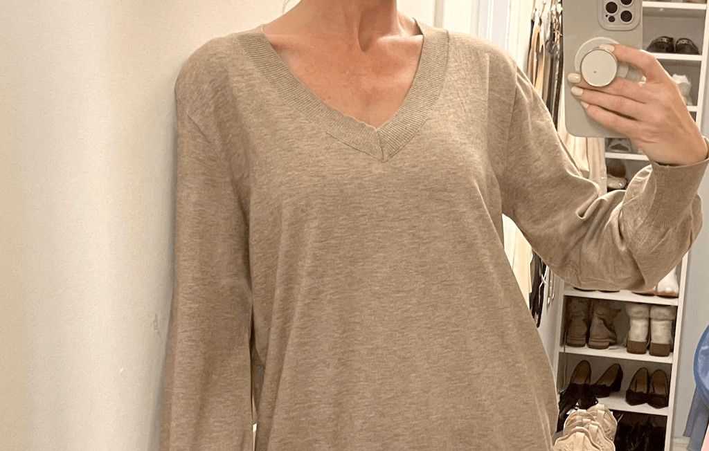 woman wearing Amazon v-neck sweater 