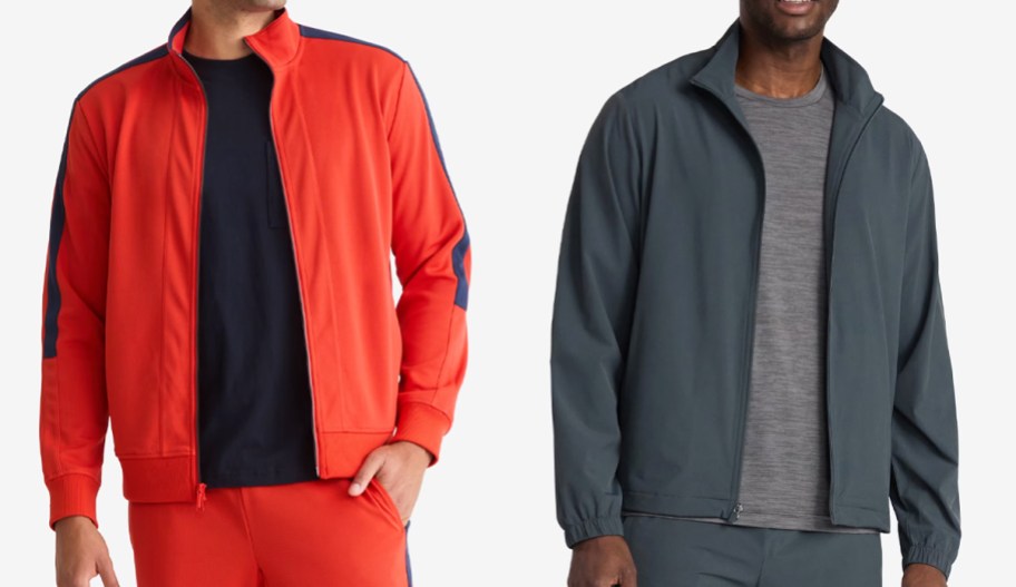 two men in red and grey jackets