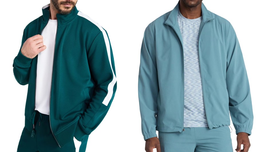 two men in green and blue athletic jackets