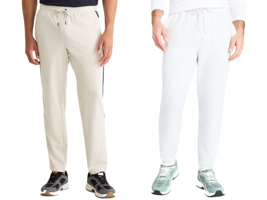 two men in beige and white sweatpants