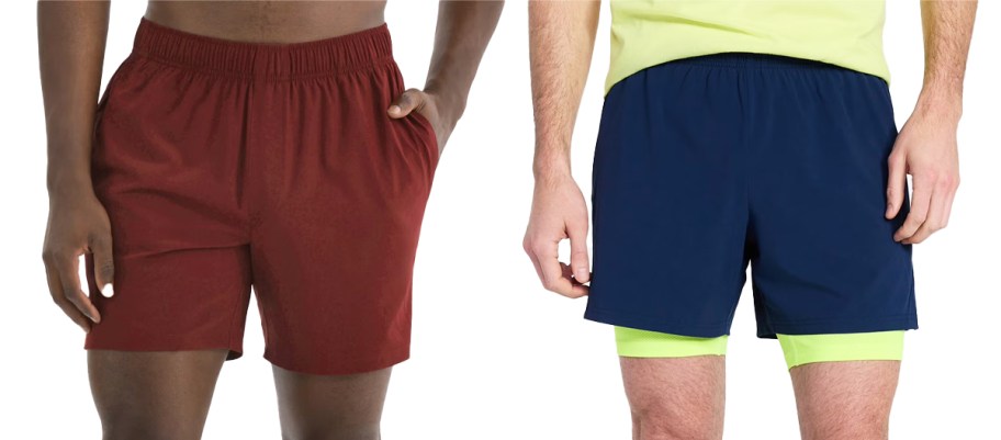two men in red and navy blue shorts