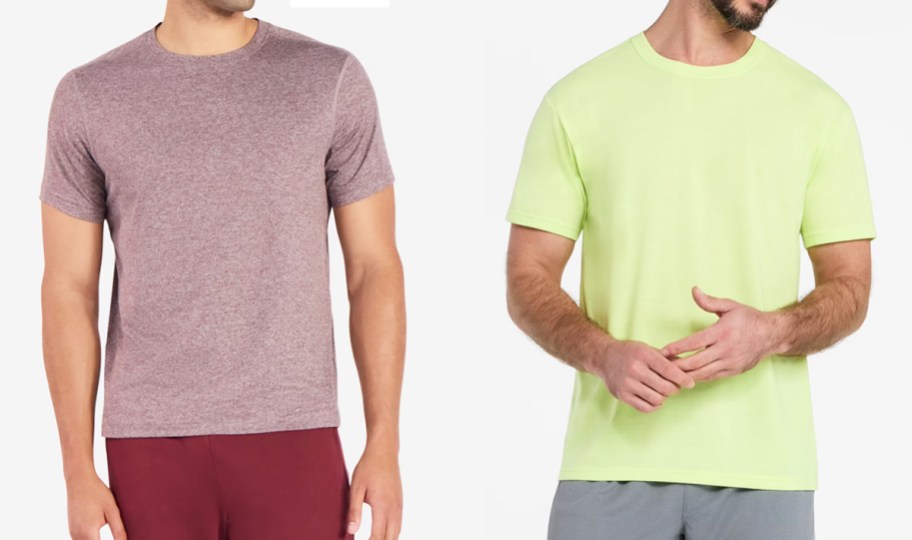 two men in pink and green tshirts