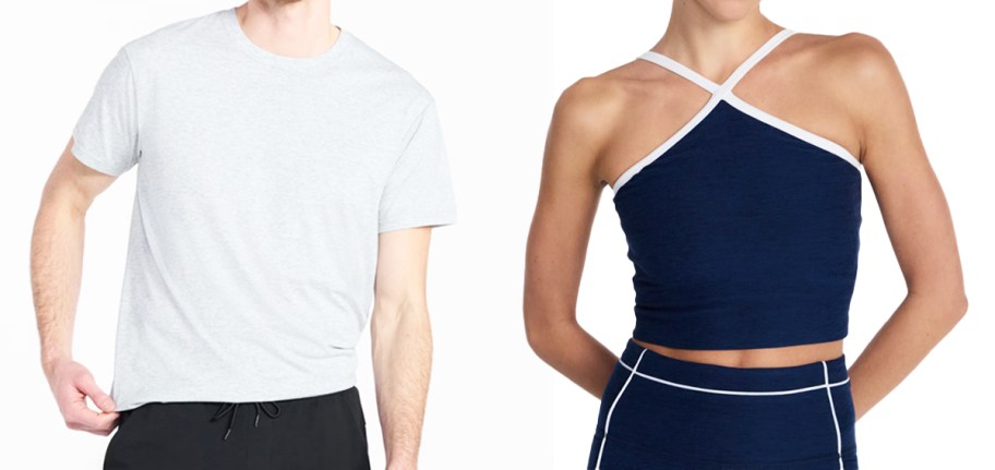 man in light grey tee and woman in navy blue tank top
