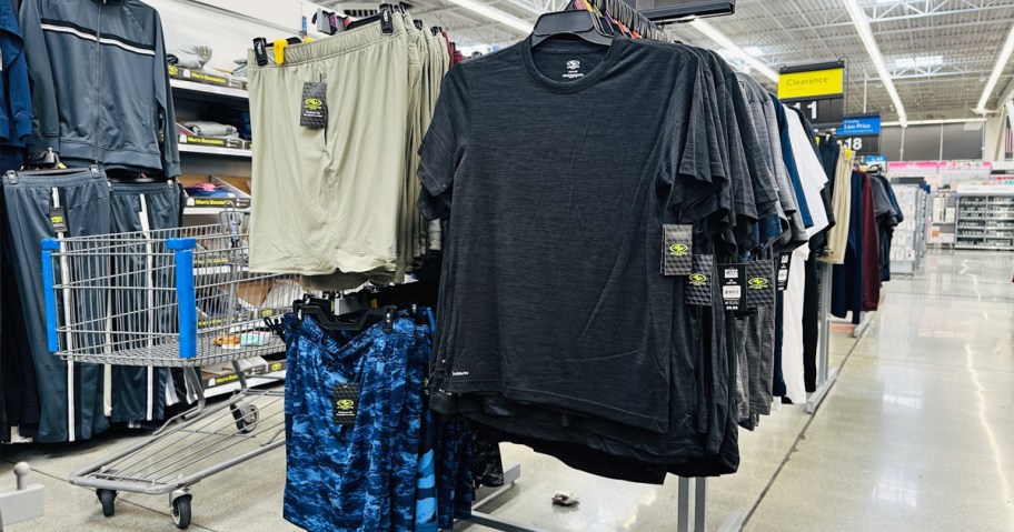 athletic top and shorts on display rack in store