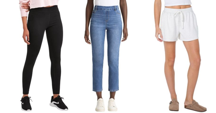 Athletic Works Women's Active Fit Mid Rise Leggings, Time and Tru Women's High Rise Straight Leg Denim Jeggings, and Celebrity Pink Women's Lace Trim Tie Front Shorts
