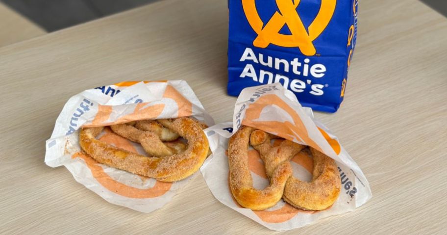 Two Auntie Annie's Cinnamon Sugar pretzels