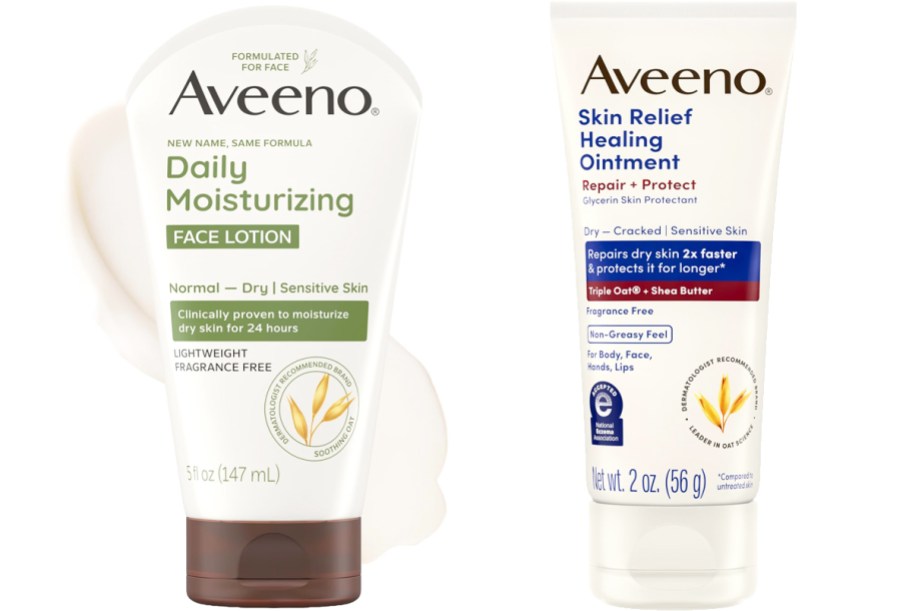 bottles of aveeno face lotion and ointment