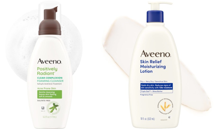 bottles of aveeno cleanser and lotion