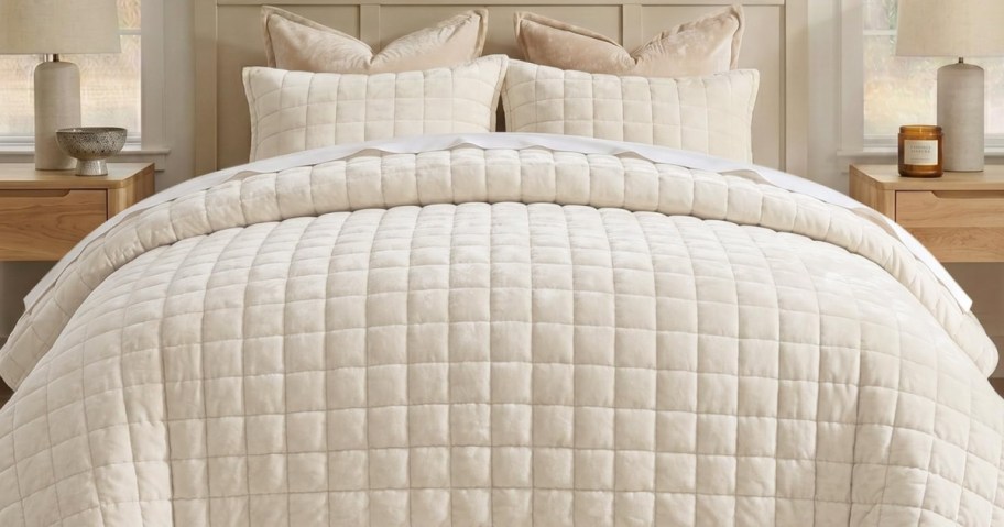 A neatly made bed featuring a cream-colored velvet quilt and matching pillow shams with a square stitched pattern, situated in a brightly lit, neutral bedroom with wooden nightstands.