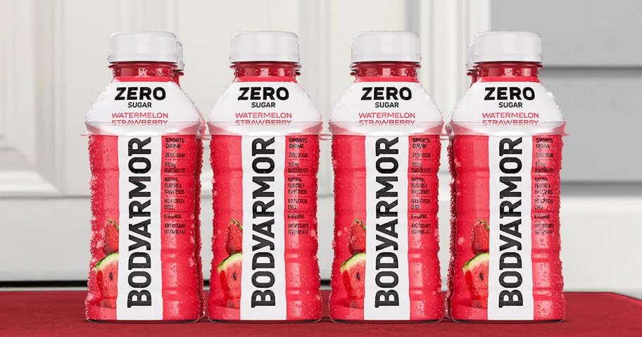 4 white and red bottles of BODYARMOR ZERO Sugar Watermelon Strawberry Sports Drinks