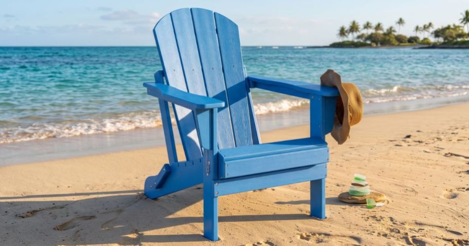 Beachcrest Home Shawnna Weather-Resistant Foldable Outdoor Adirondack Chair on beach