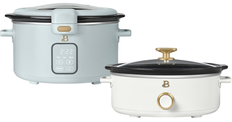 stock images of beautiful by drew 4 quart and 2.5 quart slow cookers in blue and white