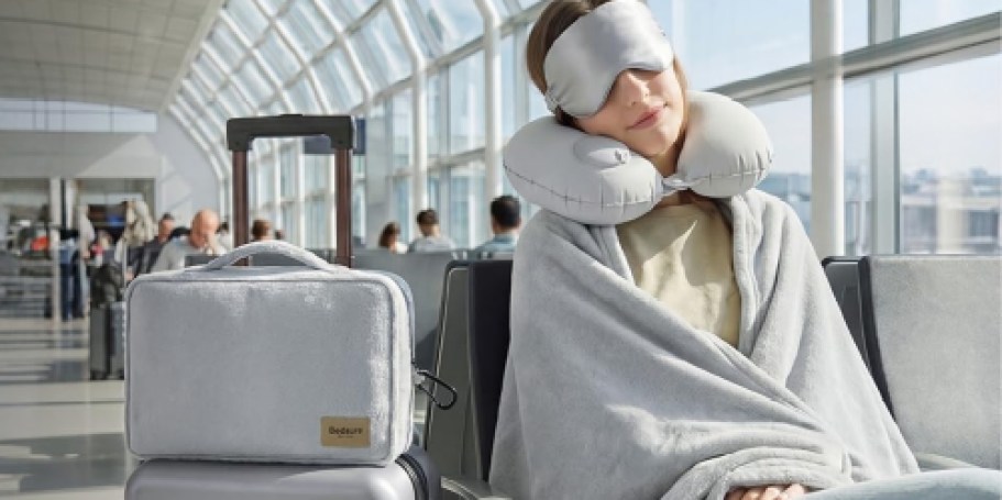 Travel Blanket Set Just $15.99 Shipped for Prime Members (Reg. $33) | Includes Eye Mask & Neck Pillow